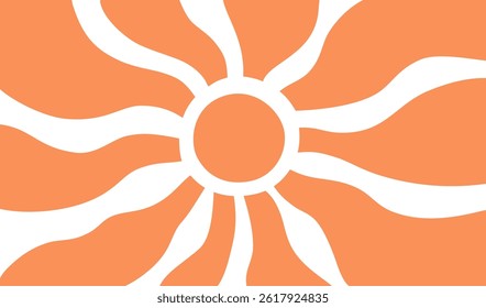 Yellow sun rays psychedelic background. Wavy rays in groovy style. Abstract sun burst poster. Psychedelic texture. 70s, 80s design. Radial wave lines. Vector illustration isolated on white background.