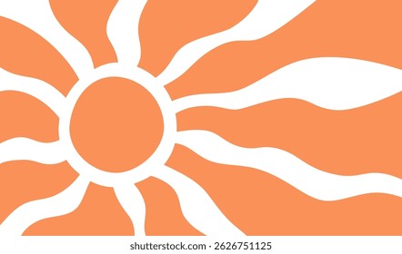 Yellow sun rays psychedelic background. Wavy rays in groovy style. Abstract sun burst poster. Psychedelic texture. 70s, 80s design. Radial wave lines. Vector illustration isolated on white background.