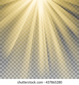 Yellow sun rays. Warm orange flare. Glaring effect with transparency. Abstract glowing light background. Ready to apply. Graphic element for documents, templates, posters, flyers. Vector illustration