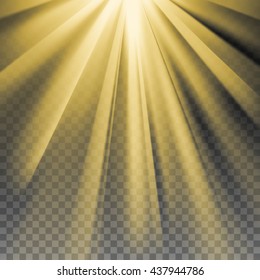 Yellow sun rays. Warm orange flare. Glaring effect with transparency. Abstract glowing light background. Ready to apply. Graphic element for documents, templates, posters, flyers. Vector illustration