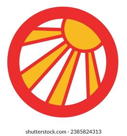 Gelbe Sonne mit roten Linien in einem weißen Kreis mit rotem Umriss. Einzige Vektorgrafik mit weißem Hintergrund.