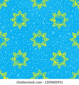 Yellow sun seamless pattern on the blue background. Polka dot pattern with sun icons. Vector illustration. Dotted minimalistic design. Repeat pattern.