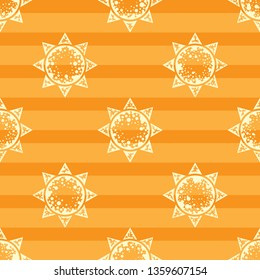 Yellow sun seamless pattern on the orange striped background. Polka dot pattern with sun icons and lines. Vector illustration. Dotted minimalistic design. 