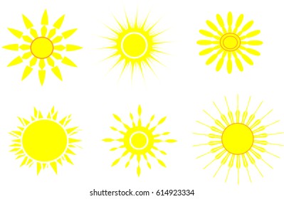 Yellow sun, set of 6 different summer icons, symbols, signs, vector illustration
