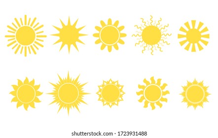 Yellow sun set. Bright round shape with straight, wavy or burning solar beams Can be used for weather forecast, sunshine, summer concept