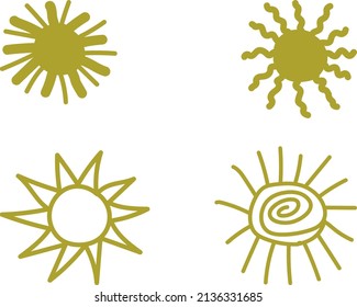 El sol amarillo. Un conjunto de varios dibujos. Archivo vector.