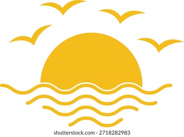 Yellow sun setting over wavy ocean with flying birds waves