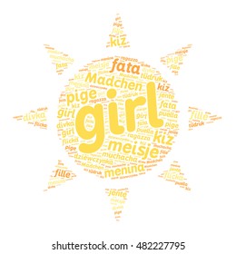 Yellow sun shape filled with word girl in different languages. Family concept. Vector illustration.