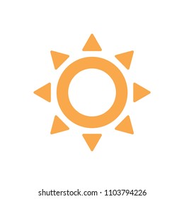 Yellow sun shining flat vector illustration isolated. Orange morning sun icon. Summer or spring symbol. Holidays and recreation logo. Warm happy sunlight pictogram. Cute weather forecast app button.