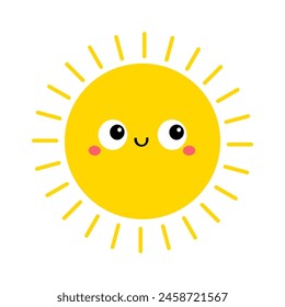 Yellow sun shining icon. Hello summer. Cute cartoon funny smiling character. Kawaii face with happy emotion. Big eyes. Baby collection. Childish style. Flat design. White background. Isolated. Vector