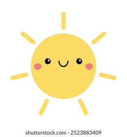 Yellow sun shining icon. Kawaii face with happy emotion. Hello summer. Cute cartoon funny smiling character. Baby poster Sticker print. Childish style. Flat design. White background. Isolated. Vector