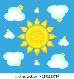 yellow sun and solid clouds against the blue sky