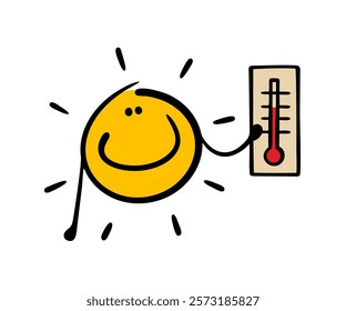 Yellow sun sparkles, smiles and shows the temperature on the thermometer. Vector illustration of a celestial body, summer weather, heat. Doodle character isolated on white background.