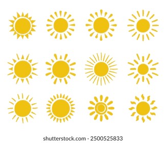 Yellow sun star icons collection. Summer, sunlight, nature, sky. Hand drawn style illustration set. PNG.	
