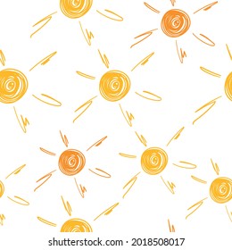 Yellow sun. Summer, sun, nature. Vector illustration. Seamless hand-drawn pattern on a white background. Handmade. 