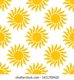 Yellow sun summer seamless pattern. Vector illustration.