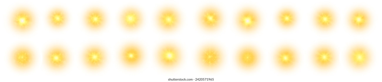 Yellow sun, sunbeam sunlight effect, light sun a flash, a soft glow without departing rays. Star flashed with sparkles isolated on white background. Vector splash.