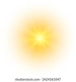 Yellow sun, sunbeam sunlight effect, light sun a flash, a soft glow without departing rays. Star flashed with sparkles isolated on white background. Vector splash.