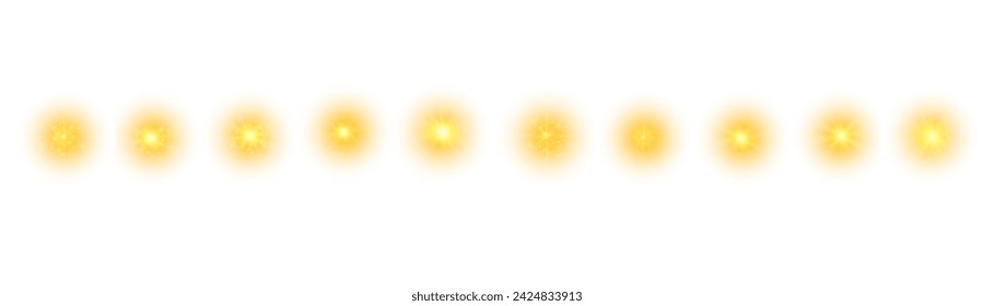 Yellow sun, sunbeam sunlight effect, light sun a flash, a soft glow without departing rays. Star flashed with sparkles isolated on white background. Vector splash.