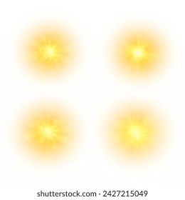 Gelbe Sonne, Sonnenlicht-Effekt, Licht Sonne ein Blitz, ein weiches Leuchten ohne abgehende Strahlen. Stern blitzte mit Funkeln isoliert auf weißem Hintergrund. Vektor-Splash.