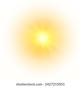 Yellow sun, sunbeam sunlight effect, light sun a flash, a soft glow without departing rays. Star flashed with sparkles isolated on white background. Vector splash.
