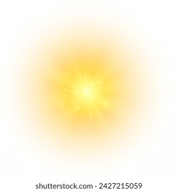 Yellow sun, sunbeam sunlight effect, light sun a flash, a soft glow without departing rays. Star flashed with sparkles isolated on white background. Vector splash.