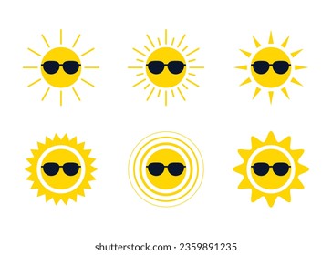 Yellow sun in sunglasses uv protection icon, sunblock, eye protection from sunshine and solar burn. Circle full sun and sunlight. Hot solar energy weather. Vector illustration