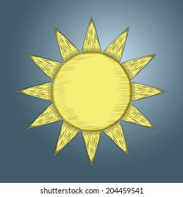 a yellow sun with textures in a blue background