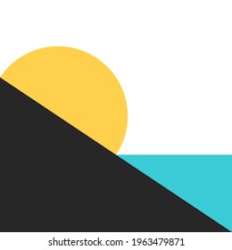 Yellow sun, turquoise blue sea and black mountain. Minimalist abstract geometric landscape. Nature, summer and vacation concept. Flat design. EPS 8 vector illustration, no transparency, no gradients