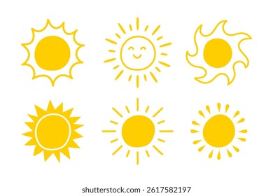 Yellow sun vector doodles hand-drawn in doodle style. Illustration of the sun during the day. Vector illustration