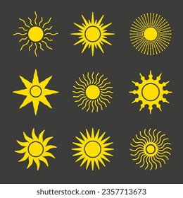 Yellow sun vector icon set. Shining light rays symbol set isolated on dark background