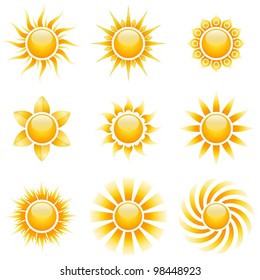 Yellow sun vector icons isolated on white background.