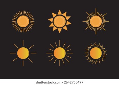 Yellow Sun vector illustration set in black background. Sun icon set. Yellow sun icons. Sunset icon collection