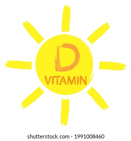Yellow sun vitamin d on white background. Health care. Medical treatment. Vector illustration. Stock image.