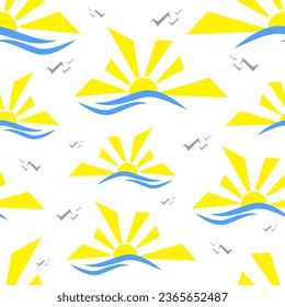 El sol amarillo, las olas y los pájaros en el fondo de las vacaciones blancas se caracterizan por un patrón ininterrumpido. Ilustración vectorial.