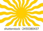 Yellow sun with wavy rays background. Poster with sunburst, sunrise or sunset in trendy 60 s 70s 80s groovy style. Preppy summer theme background. Modern psychedelic print. Vector flat illustration.
