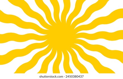 Yellow sun with wavy rays background. Poster with sunburst, sunrise or sunset in trendy 60 s 70s 80s groovy style. Preppy summer theme background. Modern psychedelic print. Vector flat illustration.