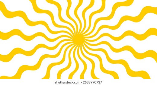 Yellow sun with wavy rays background. Poster with sunburst, sunrise or sunset in trendy 60 s 70s 80s groovy style. Preppy summer theme background. Modern psychedelic print. Vector flat illustration.