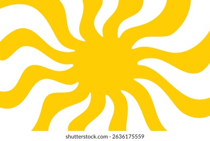 Yellow sun with wavy rays background. Poster with sunburst, sunrise or sunset in trendy 60 s 70s 80s groovy style. Preppy summer theme background. Modern psychedelic print. Vector flat illustration.