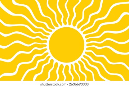 Yellow sun with wavy rays background. Poster with sunburst, sunrise or sunset in trendy 60 s 70s 80s groovy style. Preppy summer theme background. Modern psychedelic print. Vector flat illustration.