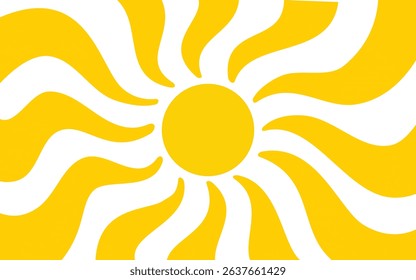 Yellow sun with wavy rays background. Poster with sunburst, sunrise or sunset in trendy 60 s 70s 80s groovy style. Preppy summer theme background. Modern psychedelic print. Vector flat illustration.