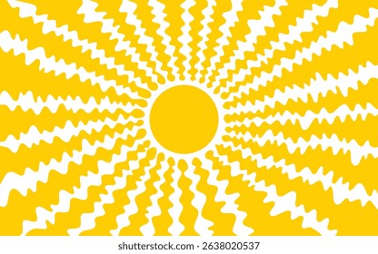 Yellow sun with wavy rays background. Poster with sunburst, sunrise or sunset in trendy 60 s 70s 80s groovy style. Preppy summer theme background. Modern psychedelic print. Vector flat illustration.