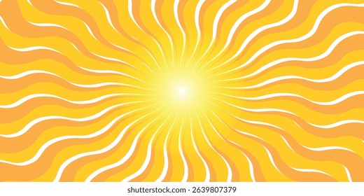 Yellow sun with wavy rays background. Poster with sunburst, sunrise or sunset in trendy. Preppy summer theme background. 