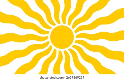 Yellow sun with wavy rays background. Poster with sunburst, sunrise or sunset in trendy 60s, 70s, 80s groovy style. Preppy summer theme background. Modern psychedelic print. Vector background.