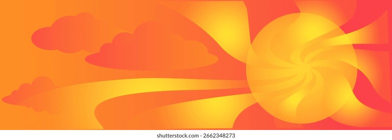 Sol amarillo con rayos ondulados en el cielo con nubes. Vector Horizontal gradiente de fondo rojo, naranja, transiciones amarillas. Anuncio vacío con espacio de copia.