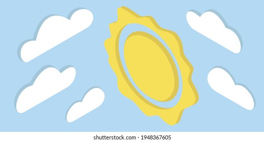 sol amarillo y nubes blancas en un vector isométrico de fondo azul