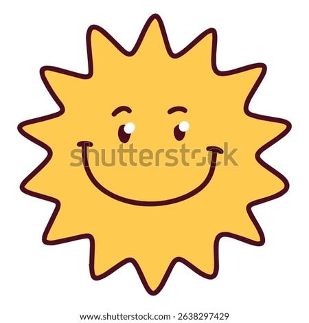 Yellow sun with zigzag edges and wide smile, happy round eyes and warm expression, simple friendly illustration