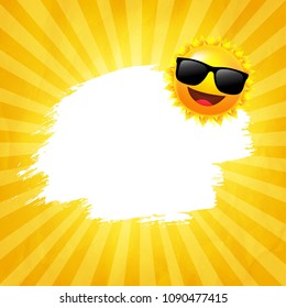 Yellow Sunburst Background With Sun With Sunglasses With Gradient Mesh, Vector Illustration