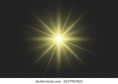 Yellow sunburst light effect with glow and flare, isolated on transparent background vector. Bright sunlight for summer design, flare, or sparkle visuals in graphics
