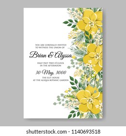 Yellow sunflower anemone Peony wedding invitation vector printable template autumn background